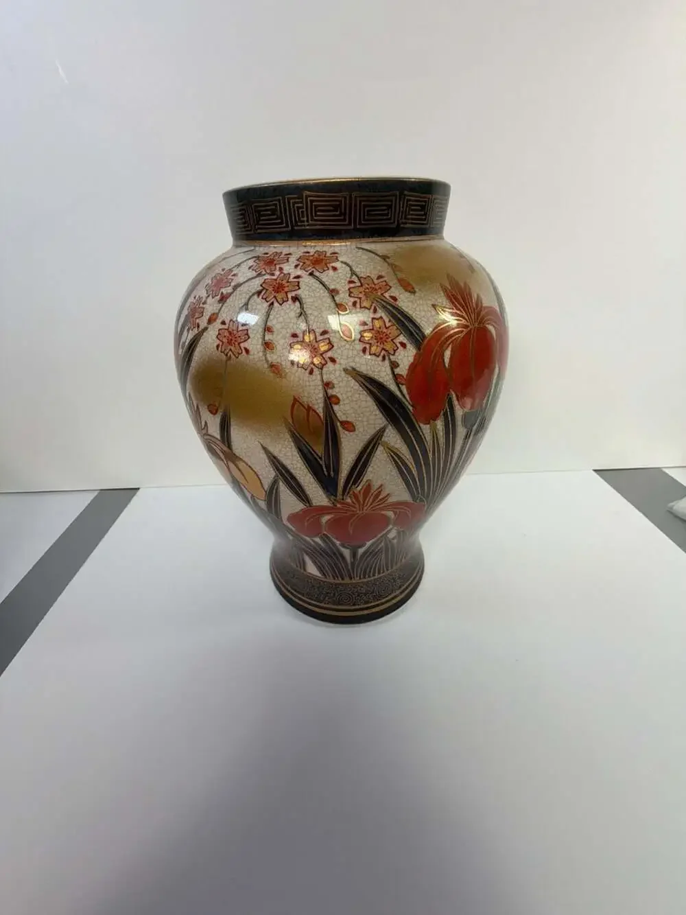 Vintage Satsuma Japanese Hand-Painted Porcelain Vase with Iris Motif and Gilt De